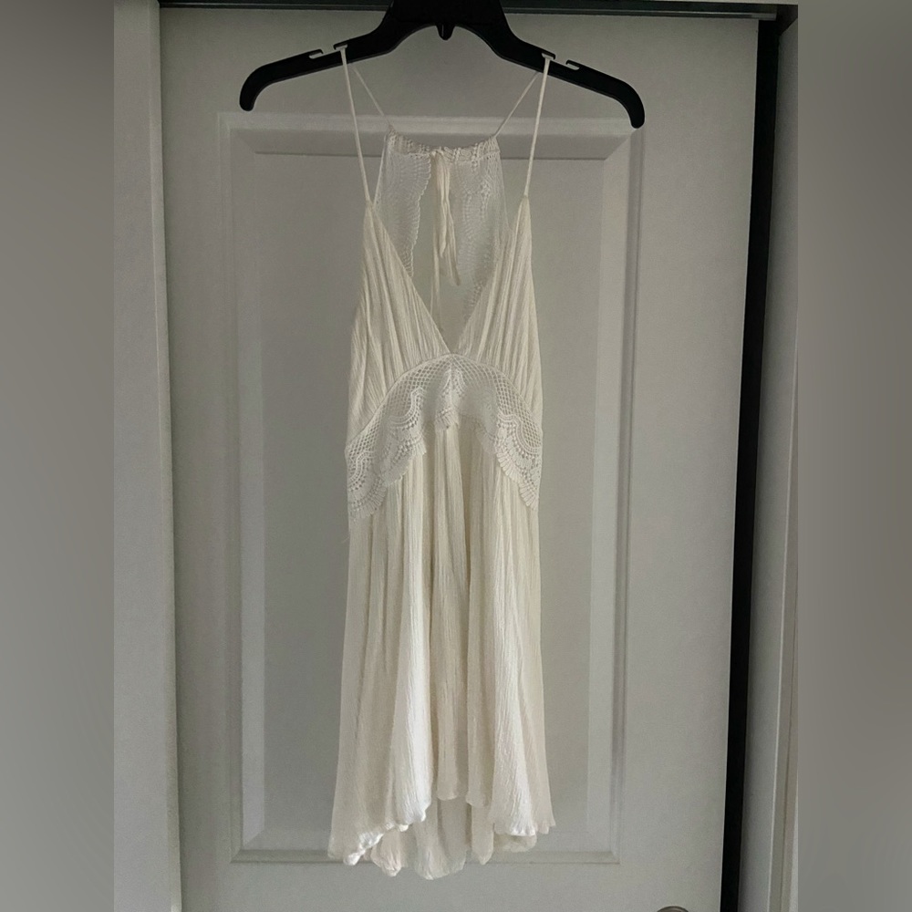 Lulus A line white dress with lace details, open back. XS
